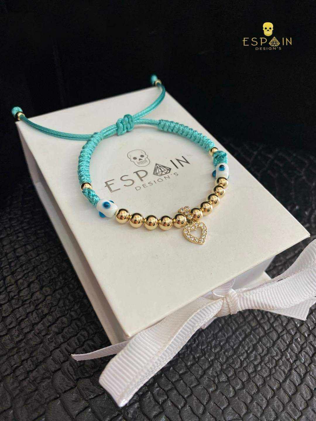 PULSERA CORAZÓN DE ORO 10K CON OJOS TURCOS Y BOLITAS DE ORO REAL