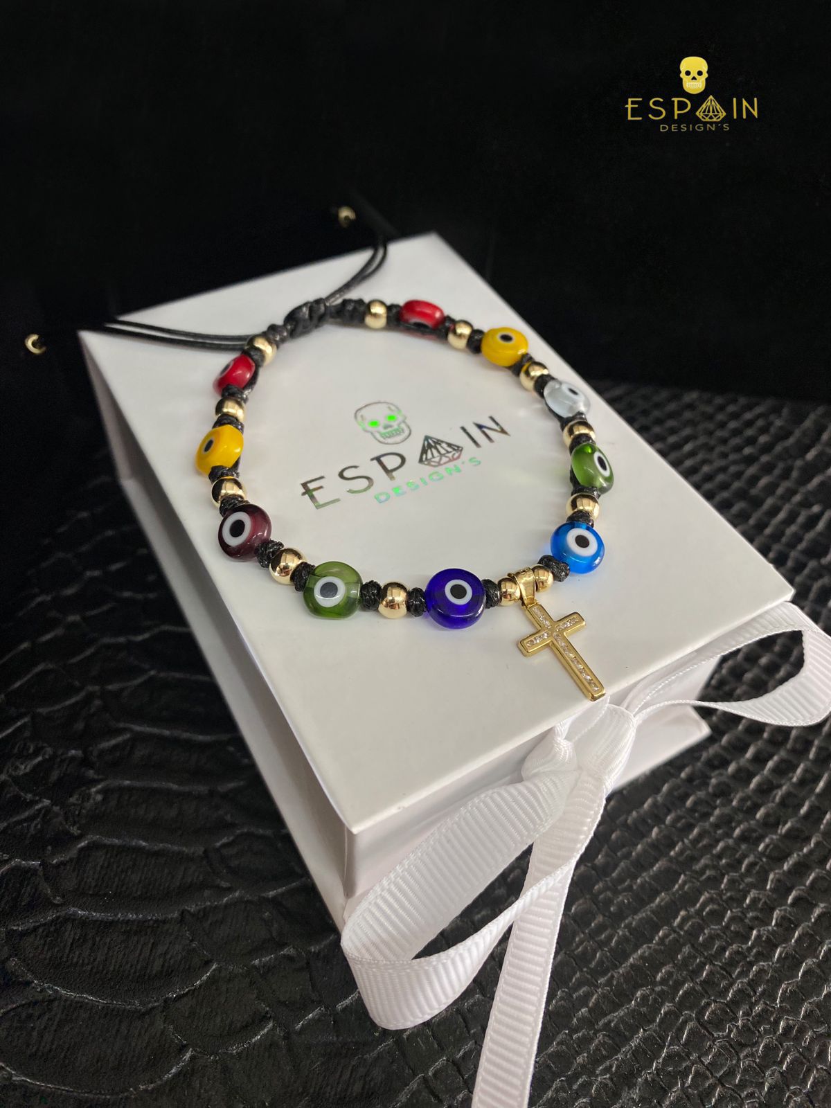 PULSERA CRUZ ORO 10K CON OJOS TURCOS COLORES Y BOLITAS DE ORO REAL