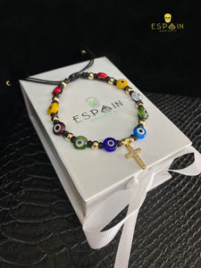 PULSERA CRUZ ORO 10K CON OJOS TURCOS COLORES Y BOLITAS DE ORO REAL