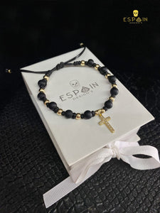 PULSERA CRUZ ORO 10K CON PIEDRA ÓNIX MATE Y BOLITAS DE ORO REAL