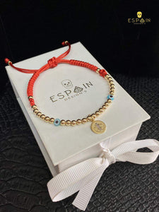 PULSERA MEDALLA SAN BENITO ORO 10K CON OJOS TURCOS Y BOLITAS DE ORO REAL