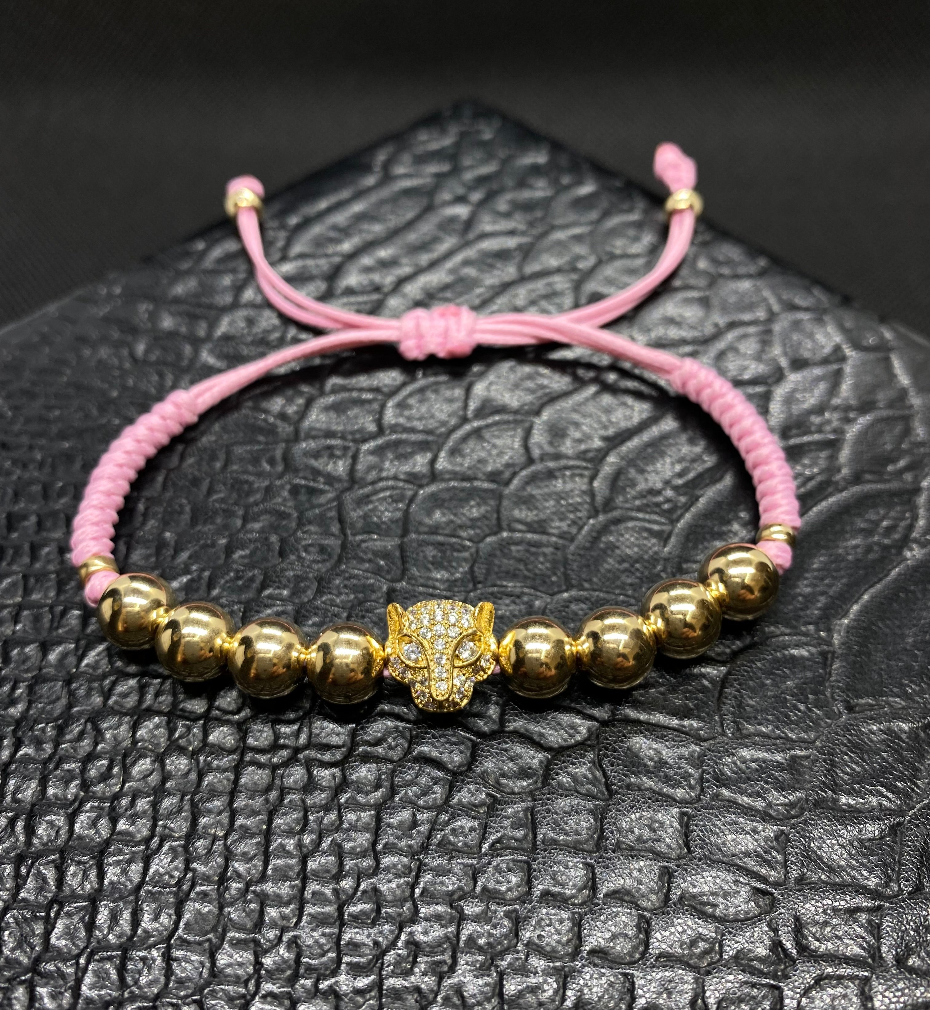 PULSERA BOLITAS ORO REAL CON GUEPARDO CHAPA ORO 24K